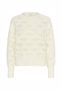 Pull en tricot crème avec un motif en vagues, col rond, fond côtelé et manches longues. La texture est légère et aérée.