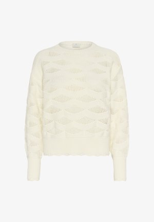 Kremowy sweter robiony na drutach z wzorem fal, okrągłym dekoltem, ściągaczem u dołu i długimi rękawami. Tekstura jest lekka i przewiewna.