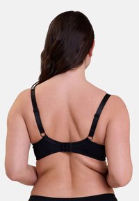 Sujetador negro con tirantes ajustables, cierre de gancho y ojal, textura suave y diseño minimalista, mostrado desde la parte posterior.