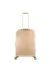 Hard-shell suitcase in light beige with a smooth texture, dual wheels, a retractable handle, and streamlined edges for efficient packing.