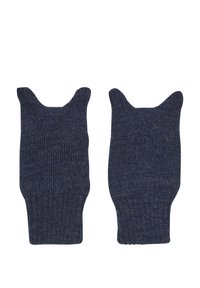Gants sans doigts en tricot bleu marine avec des oreilles de chat en haut. Poignets côtelés, tissu texturé et design sans couture. Présente une légère variation de couleur.