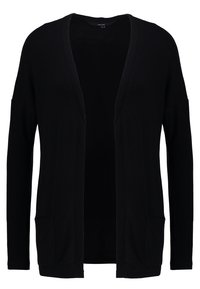 Czarny kardigan z długim rękawem, otwarty z przodu, z dwiema przednimi kieszeniami i luźnym krojem.