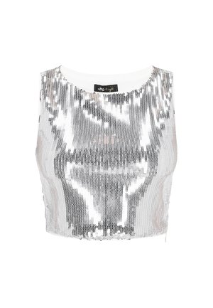 Cropped top van zilveren pailletten met een ronde halslijn en mouwloos ontwerp. Gladde textuur, reflecterend oppervlak met een witte binnenvoering.