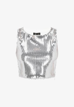 Crop-top lavet af sølvfarvede pailletter med rund halsudskæring og ærmeløs design. Glat tekstur, reflekterende overflade med en hvid indvendig foring.