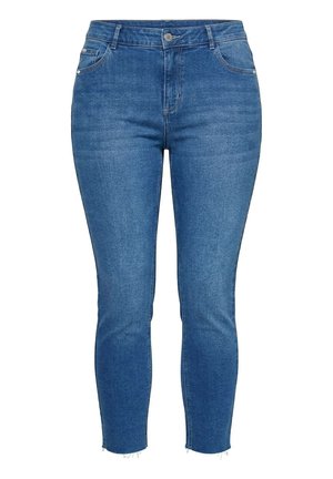Niebieskie obcisłe dżinsy z wysokim stanem, z przodu zapięcie na guziki, kieszenie oraz surowe wykończenie na końcach nogawek.