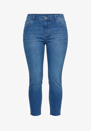 Niebieskie obcisłe dżinsy z wysokim stanem, z przodu zapięcie na guziki, kieszenie oraz surowe wykończenie na końcach nogawek.