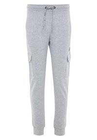 Pantalons de survêtement en coton gris avec une taille à cordon de serrage, des chevilles ajustées et deux poches cargo latérales. Texture douce avec un design décontracté.