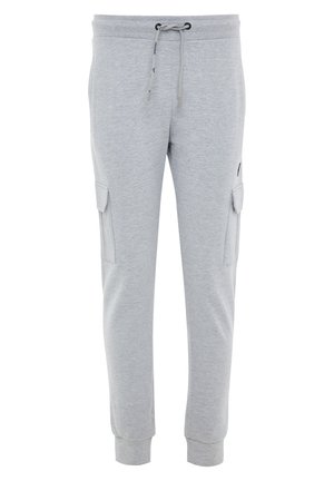 Pantalons de survêtement en coton gris avec une taille à cordon de serrage, des chevilles ajustées et deux poches cargo latérales. Texture douce avec un design décontracté.