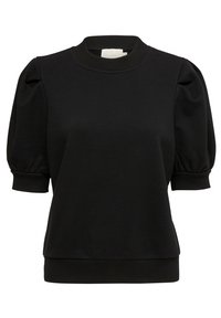 Černá mikina s vysokým kulatým výstřihem, nabíranými krátkými rukávy a ribovanými manžetami. Tkanina vypadá hladce a má elastický střih.