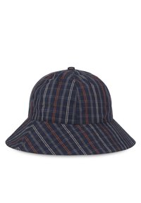 Marineblaues Bucket-Hat mit einem Karomuster, das weiße und orange Streifen enthält. Hergestellt aus leichtem Stoff, hat es einen breiten, nach unten geschwungenen Schirm.