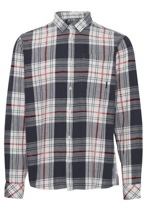 Camicia a maniche lunghe a quadri con colletto button-down, caratterizzata da motivi blu navy, grigio, rosso e bianco, taschino singolo sul petto e polsini con bottoni.
