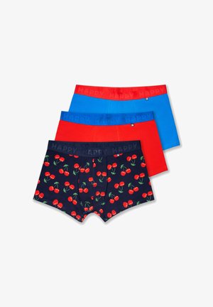 Set aus drei Boxershorts: eine marineblaue mit rotem Kirschmuster, eine rote, eine blaue. Alle haben einen strukturierten Bund mit dem Aufdruck "HAPPY".