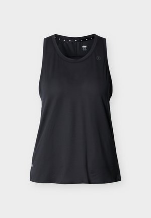 Maiou sport negru din material respirabil, cu decolteu rotund și detalii decorative cu puncte pe guler.