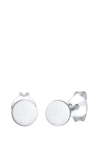 Silberne Steckerohrringe mit einer glatten, strukturierten, runden Oberfläche und einer polierten Rückseite. Minimalistisches Design, geeignet für den täglichen Gebrauch.