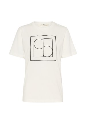 Valge puuvillane T-särk musta geomeetrilise disainiga, kus on ruudus üksteisega kattuvad ringid. Lühikesed varrukad ja ümmargune kaelus.