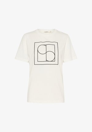 Valge puuvillane T-särk musta geomeetrilise disainiga, kus on ruudus üksteisega kattuvad ringid. Lühikesed varrukad ja ümmargune kaelus.