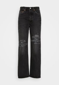 Jeans wide-leg in denim nero con dettagli strappati sulle ginocchia, hardware argentato e cuciture a contrasto lungo le cuciture.
