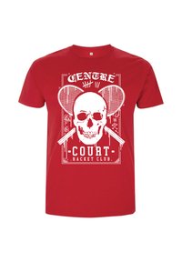 Červené bavlněné tričko s bílou grafikou lebky a zkřížených tenisových raket s textem "CENTRE COURT RACKET CLUB." Krátké rukávy.