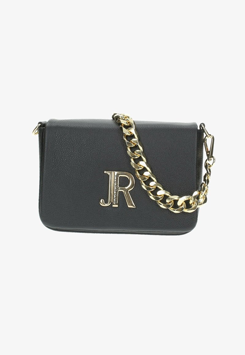 Borsa a tracolla nera in pelle con finitura testurizzata, tracolla in catena dorata e logo "JR" in oro sul davanti. Forma rettangolare compatta.