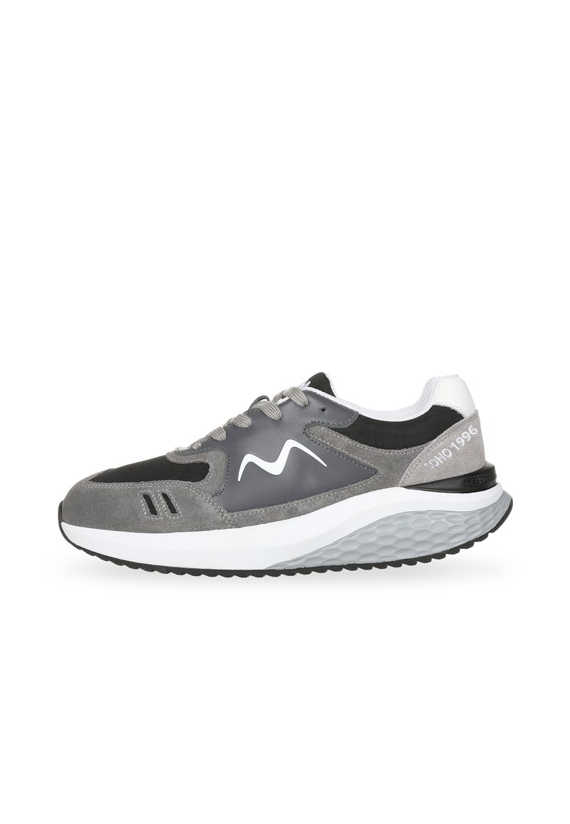 Gray athletic shoe with suede and mesh materials, white accents, rounded toe, textured midsole, and logo detail on the side and heel.