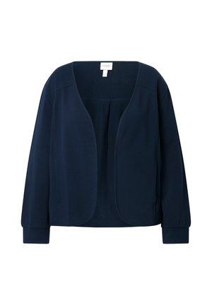 Marineblå, langærmet cardigan med åben front, afslappet pasform og rundede kanter, vist mod en hvid baggrund.