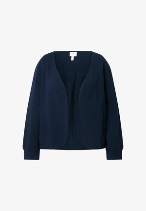 Dunkelblauer, langärmeliger Cardigan mit offenem Frontdesign, lässigem Schnitt und abgerundeten Kanten, dargestellt vor weißem Hintergrund.