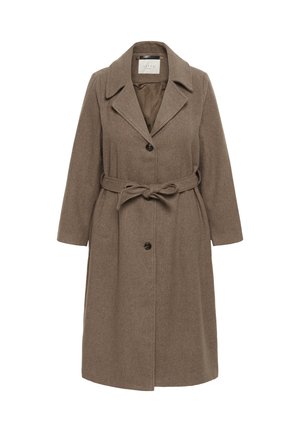 Cappotto di lana marrone fino al ginocchio con ampio colletto, due bottoni frontali e cintura coordinata legata in vita.