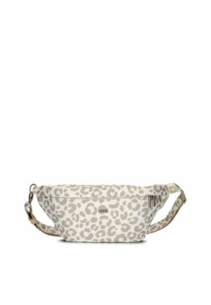 White and beige leopard print waist bag with adjustable strap and zipper closure, laid flat on a white background.