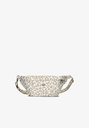 White and beige leopard print waist bag with adjustable strap and zipper closure, laid flat on a white background.