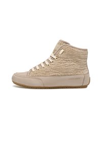 Sneaker alte beige con tomaia testurizzata e punta in pelle liscia, dotate di lacci crema e occhielli dorati, e suola in gomma con grip.
