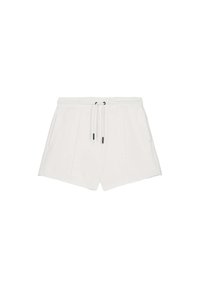 Pantaloni corti bianchi realizzati in tessuto morbido, con vita elasticizzata e cordoncino, due tasche laterali e una vestibilità rilassata.