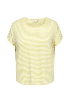 Korte mouw shirt met lichtgele en witte horizontale strepen, ronde hals en losse pasvorm.