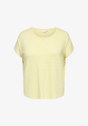 Trumpomis rankovėmis, šviesiai geltonos ir baltos spalvos horizontalių dryžių marškinėliai su apvalia iškirpte ir laisvu siluetu.