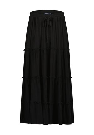 Zwarte maxi-rok met een gelaagd ontwerp, gemaakt van lichtgewicht stof. Heeft een elastische tailleband met een trekkoord en ruches als accenten.