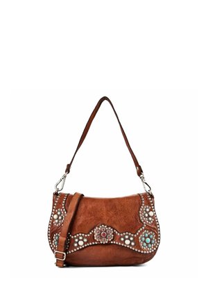 Braune Leder-Schultertasche mit silbernen Nieten und bunten Steinverzierungen in kreisförmigen Blumenmustern, mit verstellbarem Schulterriemen.
