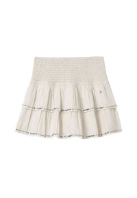 Falda en tono beige claro, con capas y cintura fruncida, adornada con lentejuelas plateadas en el dobladillo. Tela suave, diseño acampanado y textura en capas.
