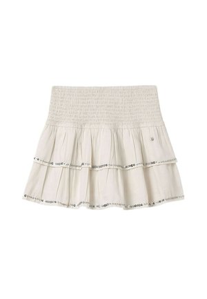 Light beige tiered skirt with smocked waistband, embellished with silver sequins along the hem. Soft fabric, flared design, and layered texture.