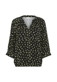Blouse noire avec un col en V, présentant un motif floral jaune. Les manches sont de longueur trois-quarts et légèrement froncées à l'ourlet.