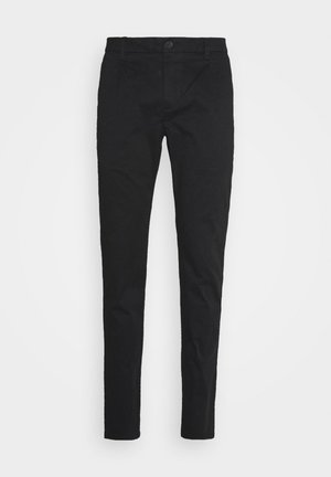 Czarne slim-fit spodnie wykonane z mieszanki bawełny, z zapięciem na guzik z przodu, pięcioma kieszeniami oraz gładką, matową teksturą.