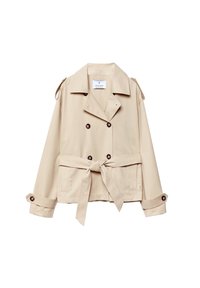 Manteau beige à double boutonnage, ceinture en tissu, épaulettes et boutons marron. Texture lisse et coupe ajustée.