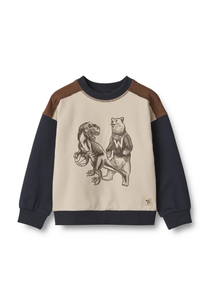 Felpa beige con maniche blu navy e dettagli marroni sulle spalle. Presenta una grafica di un dinosauro e un orso, con l'orso che indossa un maglione.