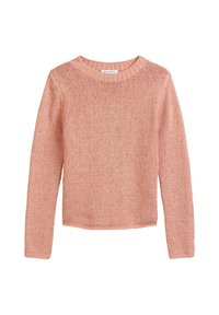 Pull en tricot rose à manches longues avec un col rond, présentant un motif texturé et une coupe décontractée. L'étiquette indique "Marc O’Polo."