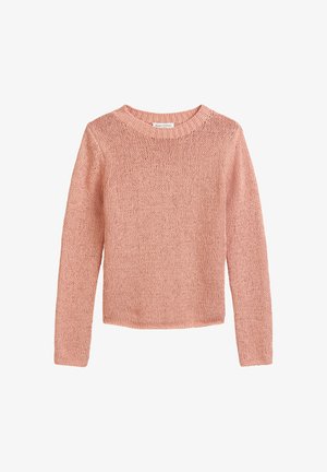 Pull en tricot rose à manches longues avec un col rond, présentant un motif texturé et une coupe décontractée. L'étiquette indique "Marc O’Polo."