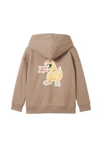 Bruine hoodie met een graphic van een gele dinosaurus die vuur blaast op de achterkant. Gemaakt van zachte stof met boorden bij de mouwen.