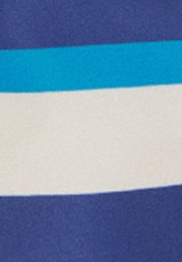 Tessuto a righe nei colori blu navy, bianco e teal. La texture sembra liscia, con strisce orizzontali di varie larghezze.