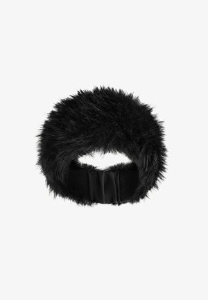 Zwart bont hoofdband met een zachte, pluizige textuur. Het bandje is afgewerkt met een gladde zwarte satijnen lintaccent aan de achterkant.