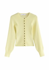 Cardigan en maille côtelée jaune clair avec un col rond et une rangée de petits boutons foncés sur le devant, manches longues avec poignets.