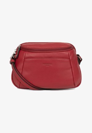Red leather crossbody bag with a zip closure, curved shape, and a flat front panel. Features an adjustable strap and subtle branding.