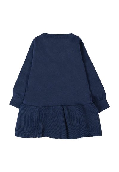 Abito lavorato a maglia blu navy con scollatura rotonda, maniche lunghe e gonna plissettata. Tessuto strutturato con dettagli a costine in vita.
