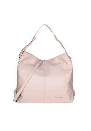 Borsa a spalla in pelle beige con un design morbido, tracolla regolabile e logo tono su tono. Texture liscia e contorni morbidi.